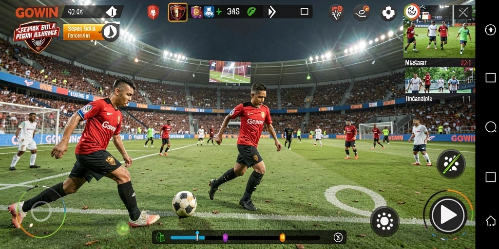 Tangkapan layar GOWIN menampilkan aksi mendebarkan di lapangan sepak bola.