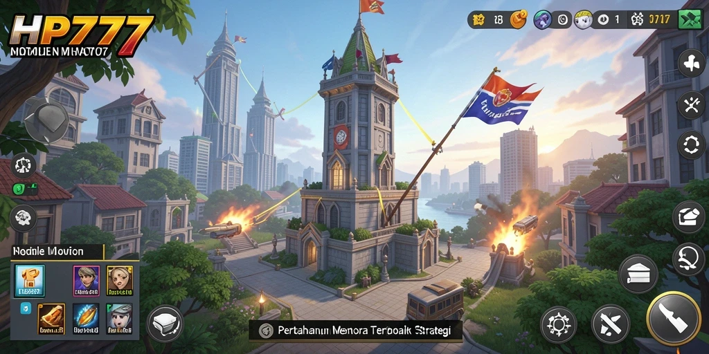 Screenshot gameplay HP777 yang menampilkan pertahanan menara melawan serbuan musuh.