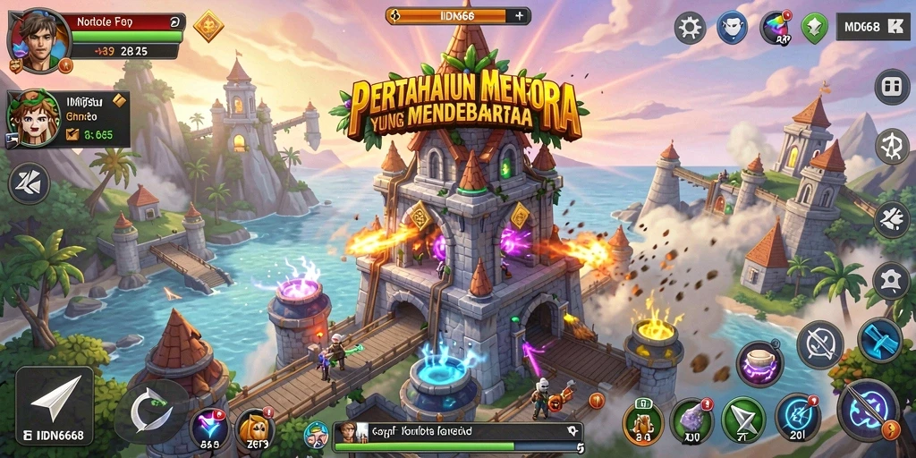 Tampilan gameplay menara pertahanan yang epik dan mendebarkan.