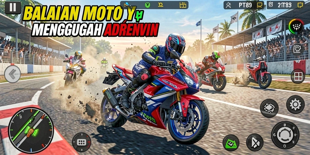 Tangkapan layar gameplay PT89 menunjukkan balapan motor yang seru dan mendebarkan.